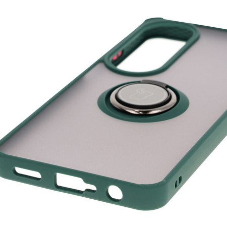 Etui z uchwytem na palec Bizon Case Hybrid Ring do Oppo A60 4G, przydymione z ciemnozieloną ramką