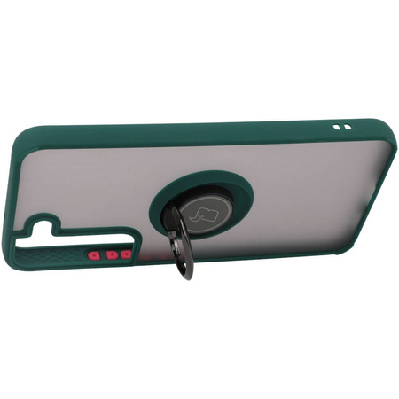 Etui z uchwytem na palec Bizon Case Hybrid Ring do Galaxy S22, przydymione z ciemnozieloną ramką