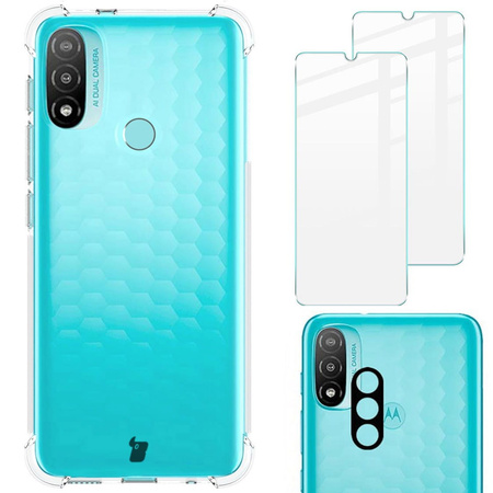 Etui + 2x szkło + obiektyw Bizon Case Clear Pack do Moto E20, przezroczyste