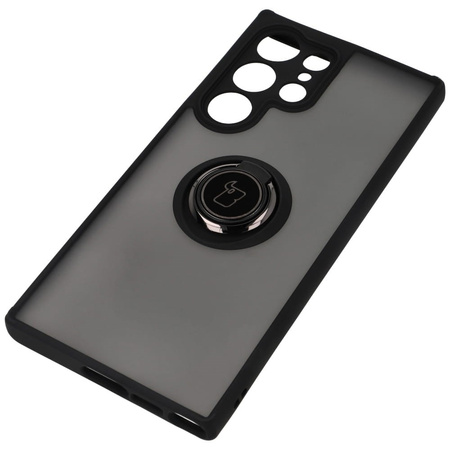 Etui z uchwytem na palec Bizon Case Hybrid Ring do Galaxy S23 Ultra, przydymione z czarną ramką