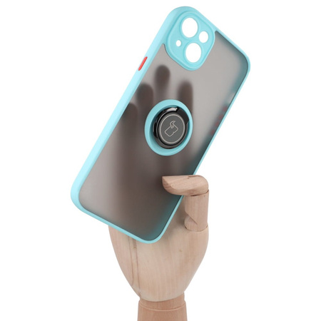 Etui z uchwytem na palec Bizon Case Hybrid Ring do iPhone 14 Plus, przydymione z jasnoniebieską ramką