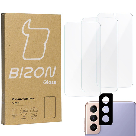 3x Szkło hartowane + szybka na aparat Bizon Glass Clear Pack do Galaxy S21 Plus 5G