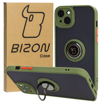 Etui z uchwytem na palec Bizon Case Hybrid Ring do iPhone 15 Plus, przydymione z zieloną ramką