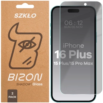 Prywatyzujące szkło hartowane Bizon Glass Clear Shadow Duo do iPhone 15 Plus / 15 Pro Max / iPhone 16 Plus, przyciemniane, 2 sztuki