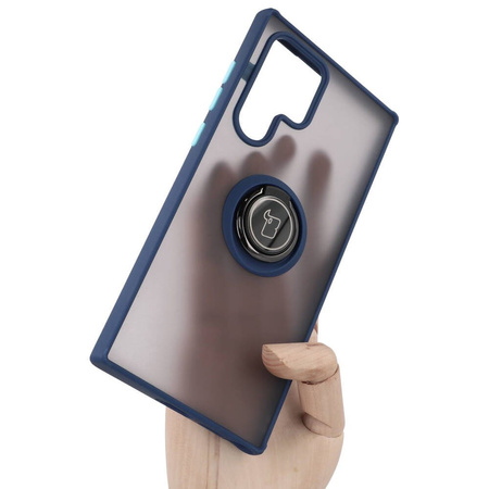 Etui z uchwytem na palec Bizon Case Hybrid Ring do Galaxy S22 Ultra, przydymione z granatową ramką