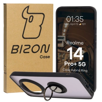 Etui z uchwytem na palec Bizon Case Hybrid Ring do Realme 14 Pro Plus 5G, przydymione z czarną ramką