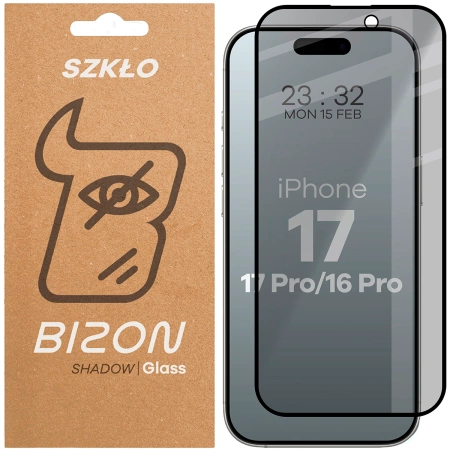 Prywatyzujące szkło hartowane Bizon Glass Edge Shadow do iPhone 16 Pro, przyciemniane z czarną ramką