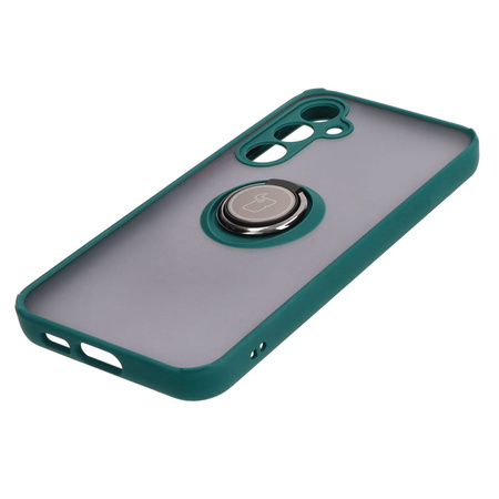 Etui z uchwytem na palec Bizon Case Hybrid Ring do Galaxy S23 FE, przydymione z ciemnozieloną ramką