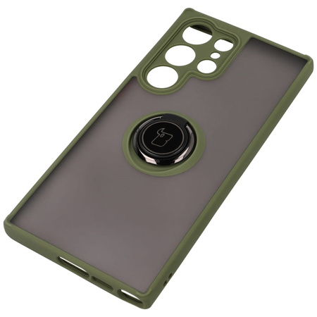 Etui z uchwytem na palec Bizon Case Hybrid Ring do Galaxy S23 Ultra, przydymione z zieloną ramką