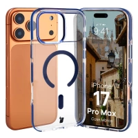 Etui z pierścieniem magnetycznym Bizon Case Marco do iPhone 17 Pro Max, przezroczyste z niebieską ramką