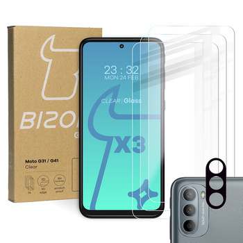 Szkło hartowane Bizon Glass Clear - 3 szt. + obiektyw, Moto G31 / G41