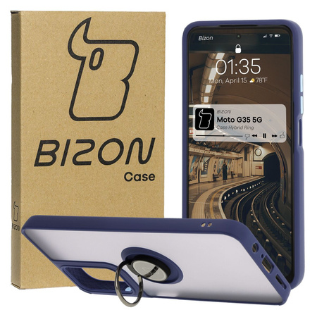 Etui z uchwytem na palec Bizon Case Hybrid Ring do Motorola Moto G35 5G, przydymione z granatową ramką