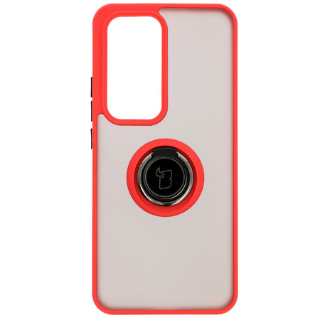 Etui z uchwytem na palec Bizon Case Hybrid Ring do Oppo Reno 12, przydymione z czerwoną ramką