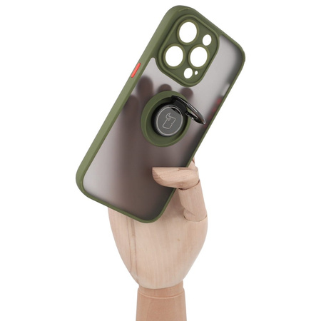 Etui z uchwytem na palec Bizon Case Hybrid Ring do iPhone 14 Pro, przydymione z zieloną ramką