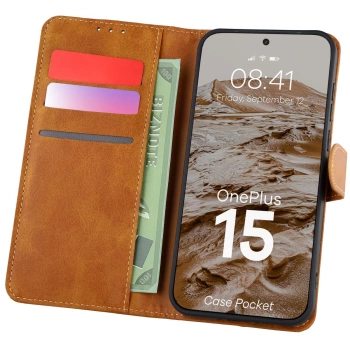 Etui z klapką Bizon Case Pocket do OnePlus 15, brązowe
