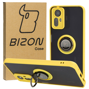 Etui z uchwytem na palec Bizon Case Hybrid Ring do Xiaomi Redmi Note 12S, przydymione z żółtą ramką