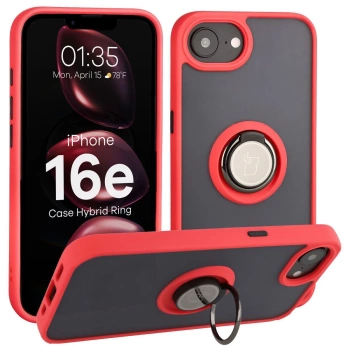 Etui z uchwytem na palec Bizon Case Hybrid Ring do iPhone 16e, przydymione z czerwoną ramką