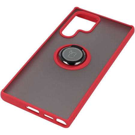 Etui z uchwytem na palec Bizon Case Hybrid Ring do Galaxy S22 Ultra, przydymione z czerwoną ramką