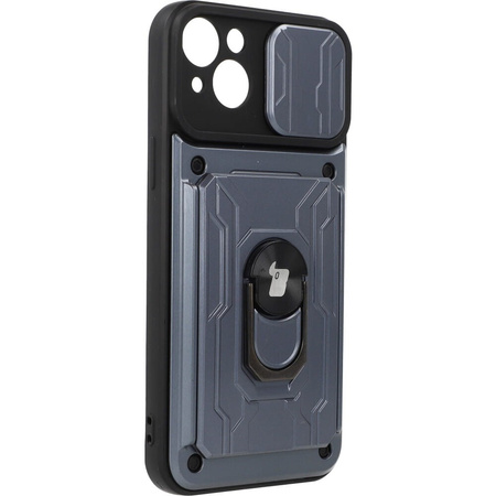 Etui Bizon Case Camshield Card Slot Ring do iPhone 14 Plus, szare