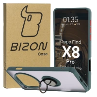 Etui z uchwytem na palec Bizon Case Hybrid Ring do Oppo Find X8 Pro, przydymione z ciemnozieloną ramką