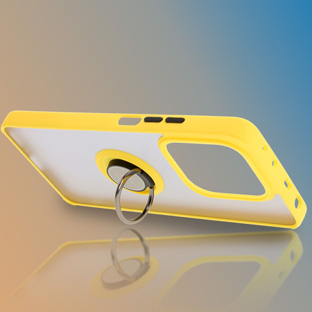 Etui z uchwytem na palec Bizon Case Hybrid Ring do Xiaomi Redmi Note 14 5G, przydymione z żółtą ramką