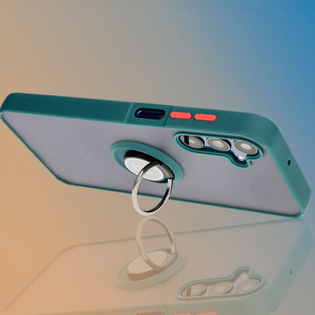 Etui z uchwytem na palec Bizon Case Hybrid Ring do Galaxy M15 5G, przydymione z ciemnozieloną ramką