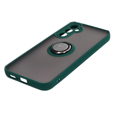 Etui z uchwytem na palec Bizon Case Hybrid Ring do Galaxy A34 5G, przydymione z ciemnozieloną ramką