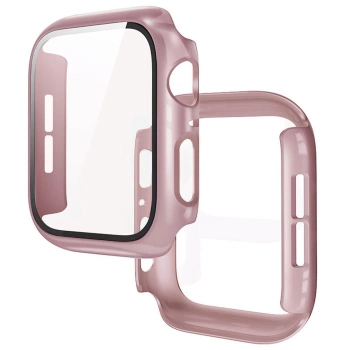 Etui ze szkłem do zegarka Bizon Case Watch Adamo do Apple Watch SE 3 / SE 2 / SE / 6 / 5 / 4 (44 mm), satynowo różowe