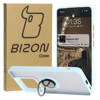 Etui z uchwytem na palec Bizon Case Hybrid Ring do Xiaomi 14T, przydymione z jasnoniebieską ramką