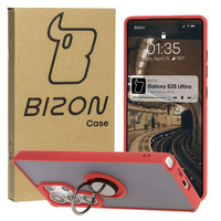 Etui z uchwytem na palec Bizon Case Hybrid Ring do Galaxy S25 Ultra, przydymione z czerwoną ramką