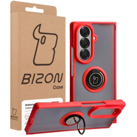 Etui z uchwytem na palec Bizon Case Hybrid Ring do Galaxy Z Fold7, przydymione z czerwoną ramką