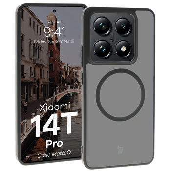 Etui z pierścieniem magnetycznym Bizon Case MatteO do Xiaomi 14T Pro, półprzezroczyste z czarną ramką
