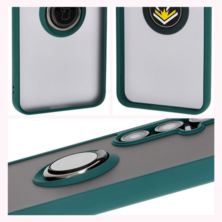 Etui z uchwytem na palec Bizon Case Hybrid Ring do Galaxy S24 FE, przydymione z ciemnozieloną ramką