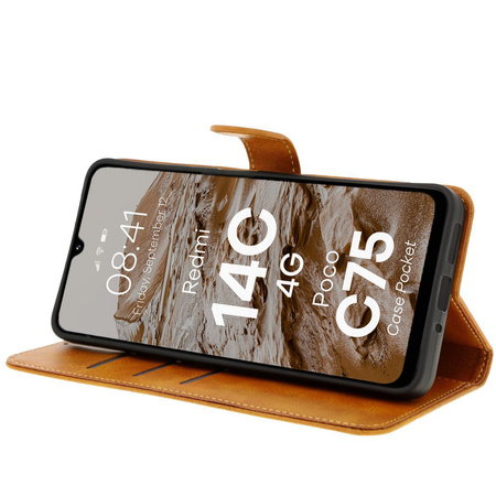 Etui z klapką Bizon Case Pocket do Xiaomi Redmi 14C 4G, brązowe