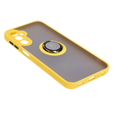 Etui z uchwytem na palec Bizon Case Hybrid Ring do Galaxy A24 4G, przydymione z żółtą ramką