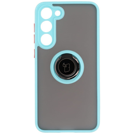 Etui z uchwytem na palec Bizon Case Hybrid Ring do Galaxy S23 Plus, przydymione z jasnoniebieską ramką