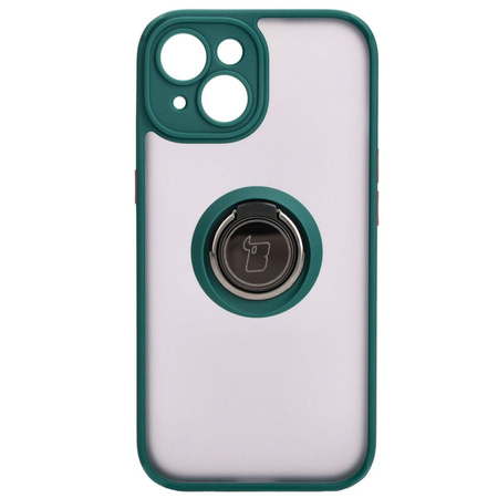 Etui z uchwytem na palec Bizon Case Hybrid Ring do iPhone 15, przydymione z ciemnozieloną ramką