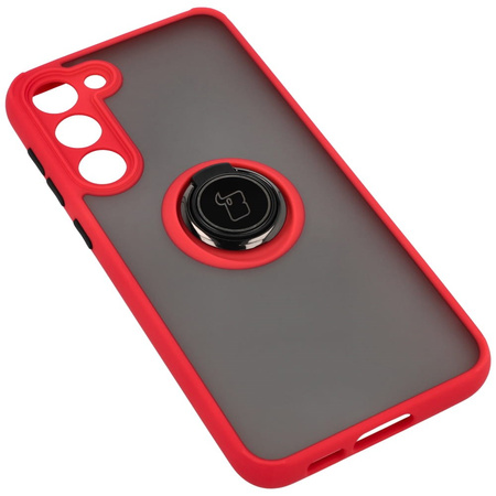 Etui z uchwytem na palec Bizon Case Hybrid Ring do Galaxy S23 Plus, przydymione z czerwoną ramką