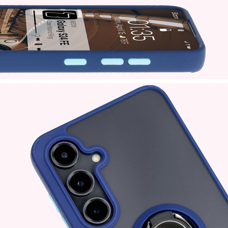 Etui z uchwytem na palec Bizon Case Hybrid Ring do Galaxy S24 FE, przydymione z granatową ramką