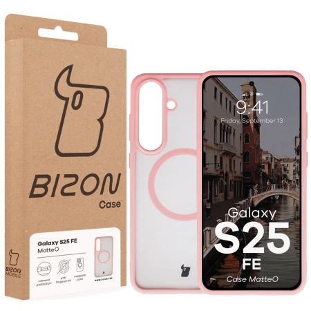 Etui z pierścieniem magnetycznym Bizon Case MatteO do Galaxy S25 FE, przydymione-jasnoróżowe