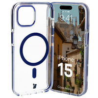 Etui z pierścieniem magnetycznym Bizon Case Marco do iPhone 15, przezroczyste z niebieską ramką