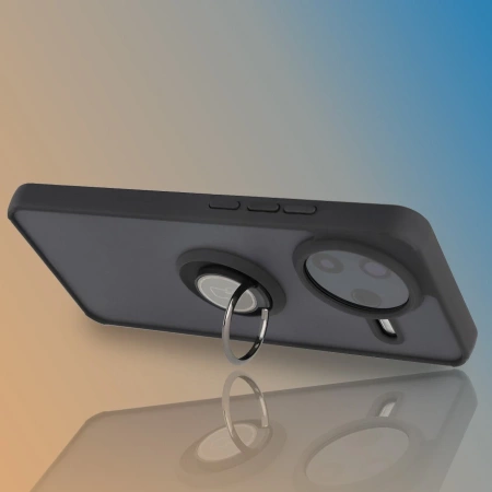 Etui z uchwytem na palec Bizon Case Hybrid Ring do Xiaomi POCO F7 Pro, przydymione z czarną ramką