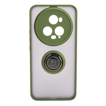Etui z uchwytem na palec Bizon Case Hybrid Ring do Honor Magic5 Pro, przydymione z zieloną ramką