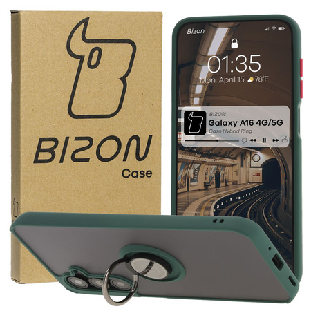 Etui z uchwytem na palec Bizon Case Hybrid Ring do Galaxy A16 4G/5G, przydymione z ciemnozieloną ramką