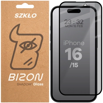 Prywatyzujące szkło hartowane Bizon Glass Edge Shadow do iPhone 16/15, przyciemniane z czarną ramką
