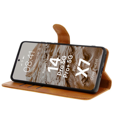 Etui z klapką Bizon Case Pocket do Xiaomi Redmi Note 14 Pro 5G / Poco X7, brązowe