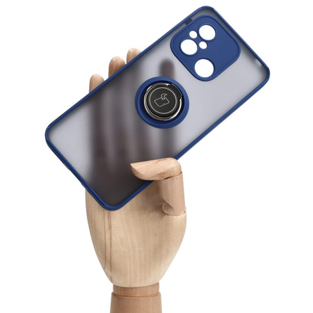 Etui z uchwytem na palec Bizon Case Hybrid Ring do Xiaomi Redmi 12C, przydymione z granatową ramką