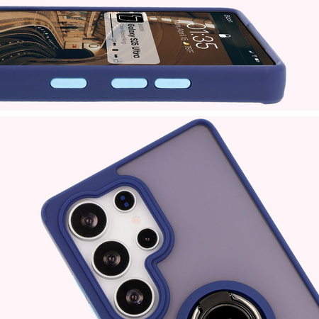 Etui z uchwytem na palec Bizon Case Hybrid Ring do Galaxy S25 Ultra, przydymione z granatową ramką