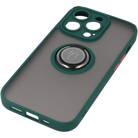 Etui z uchwytem na palec Bizon Case Hybrid Ring do iPhone 14 Pro, przydymione z ciemnozieloną ramką
