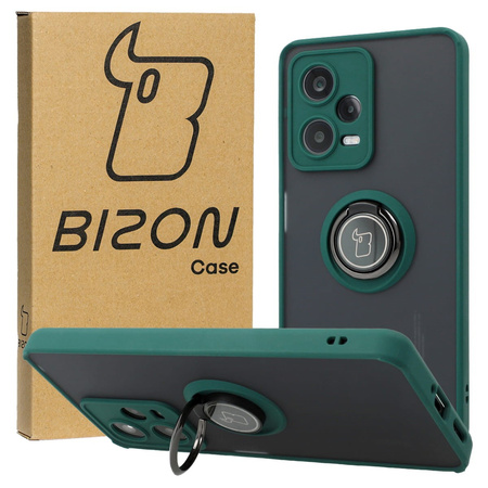 Etui z uchwytem na palec Bizon Case Hybrid Ring do Xiaomi Redmi Note 12 Pro 5G, przydymione z ciemnozieloną ramką